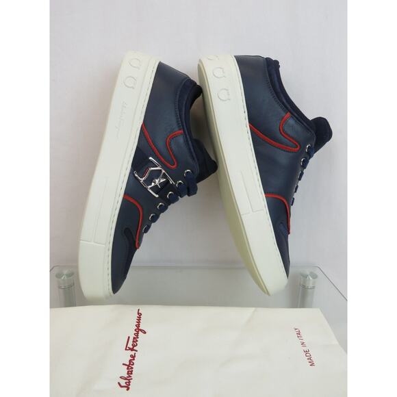 $795 FERRAGAMO NORIS NAVY LEATHER RED SUEDE SF LOGO WHITE SNEAKERS 11.5 M ITALY main image 13